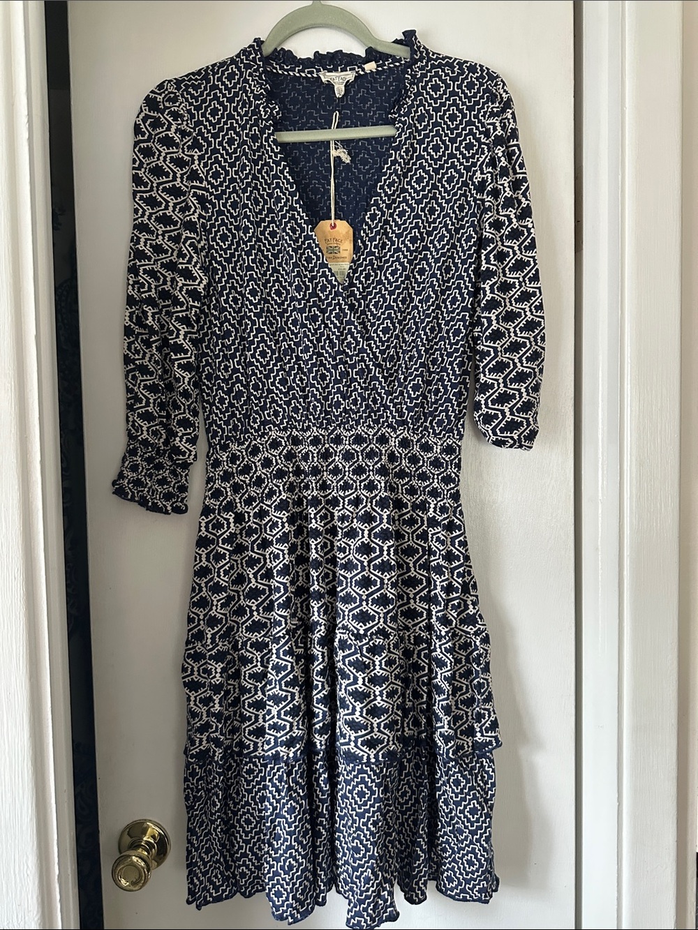 Fat Face Navy and White Geometric Tiered Midi Dress